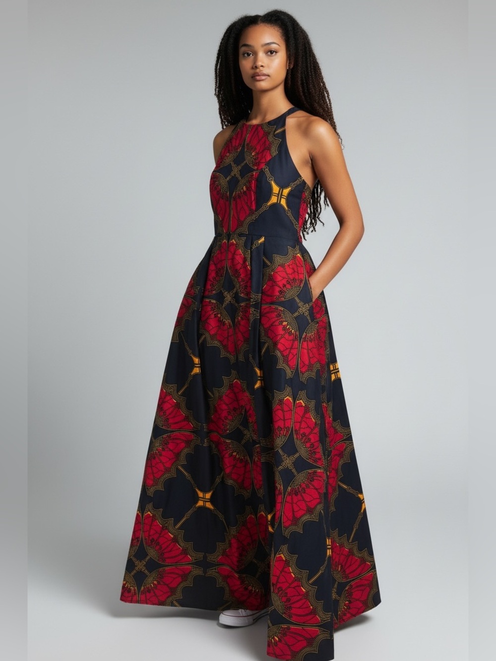 Sleeveless Red and Black Patterned Maxi Dress with Gold Accents